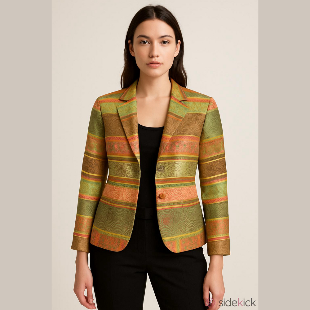 K Studio Collection Striped Jacquard Open-Front Blazer in Green and Coral